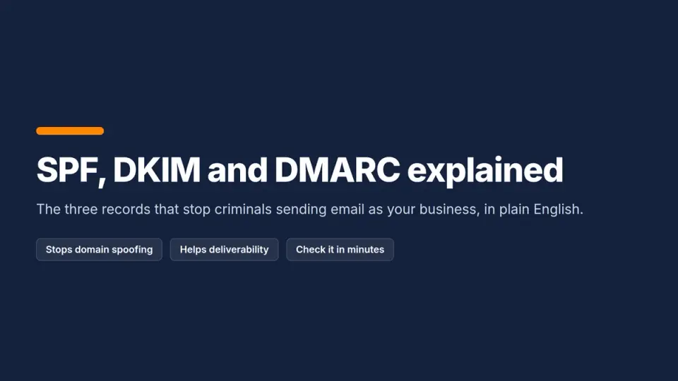 Title card: SPF, DKIM and DMARC explained for businesses