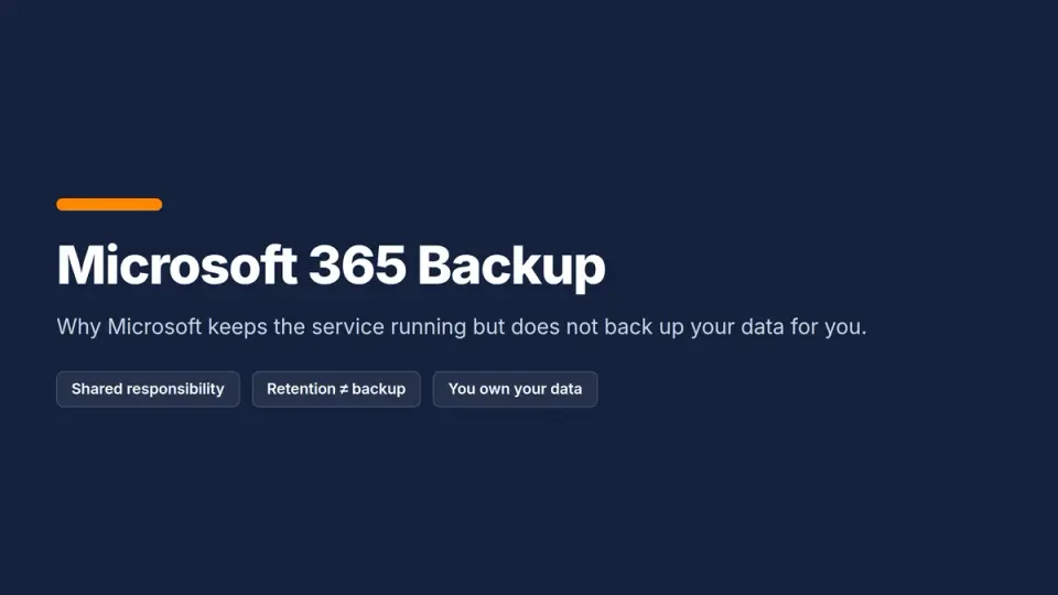Title card: Microsoft 365 Backup, why Microsoft does not back up your data for you