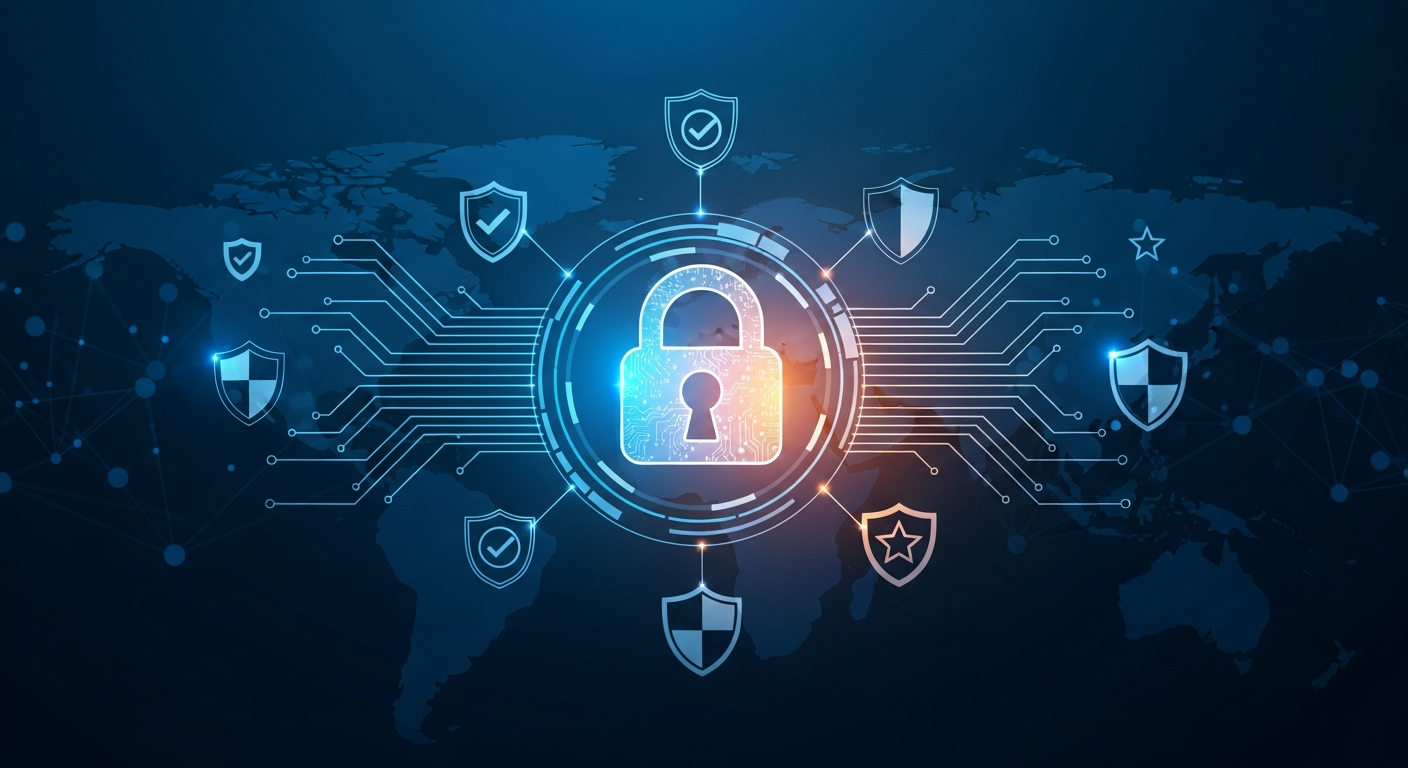 Cybersecurity protection concept with digital shield and network security icons