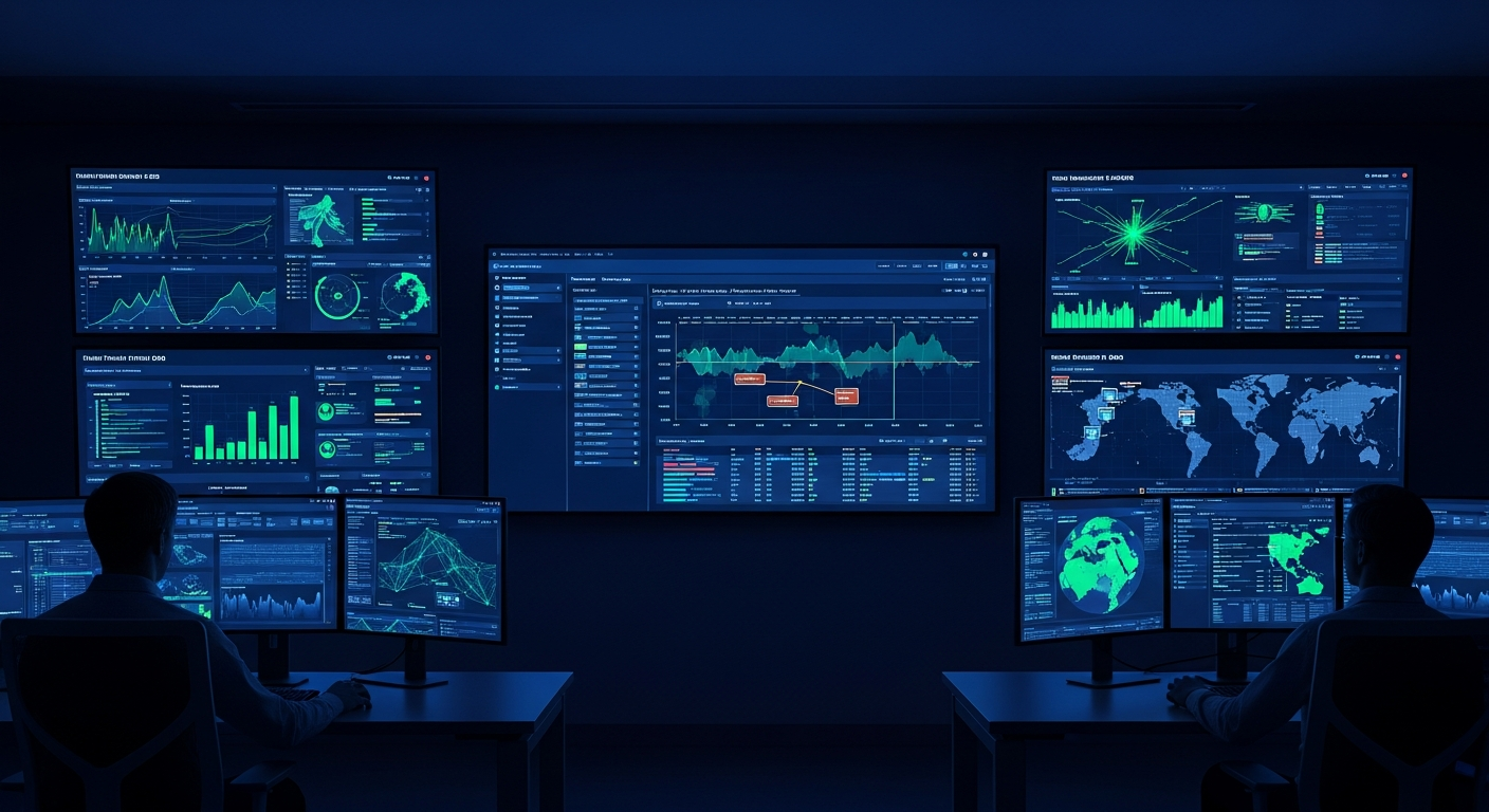 SIEM and MDR security operations center with threat monitoring dashboards