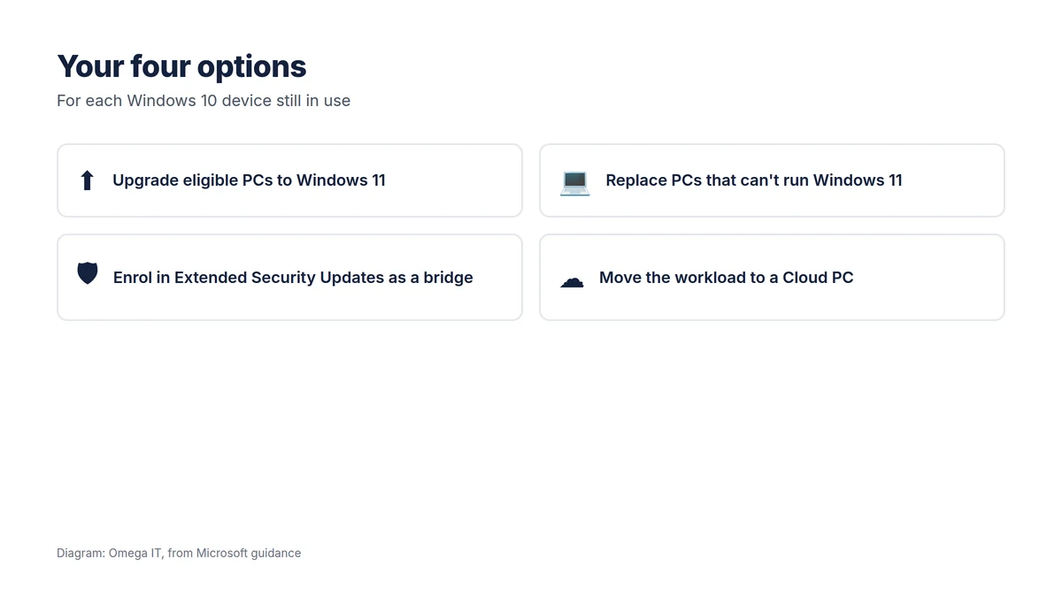 Four options for each Windows 10 device: upgrade eligible PCs to Windows 11, replace PCs that cannot run it, enrol in ESU as a bridge, or move to a Cloud PC